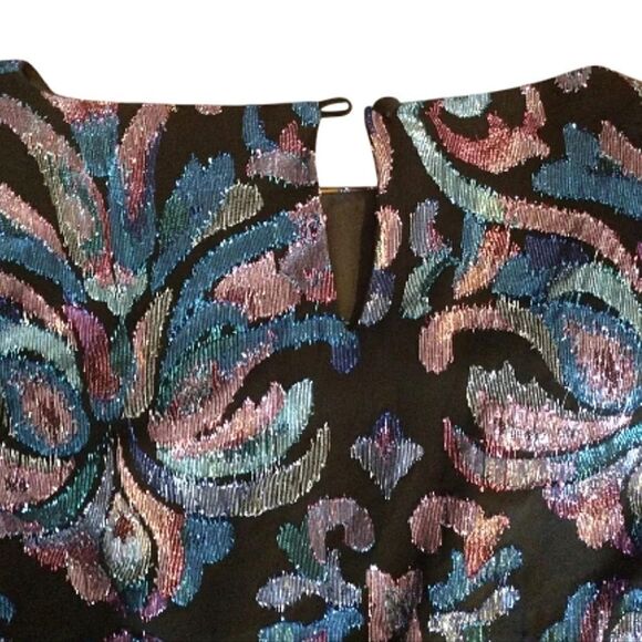 VTG 70s Black Blue Lurex Metallic Long Sleeve Panelled Hem Disco Blouse Medium - Picture 14 of 16